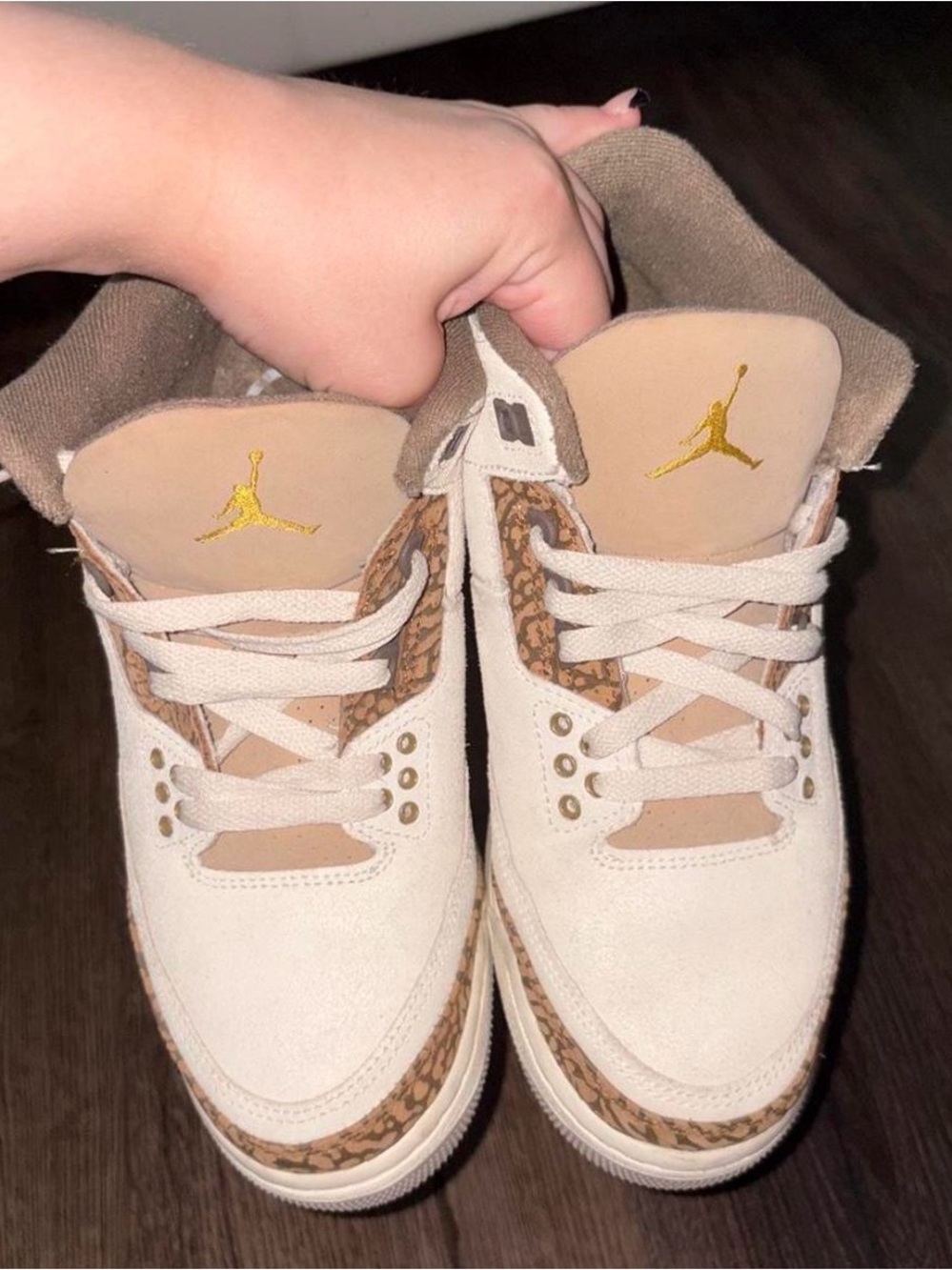 Jordan Women's Cream Suede Sneakers with Gold Jumpman